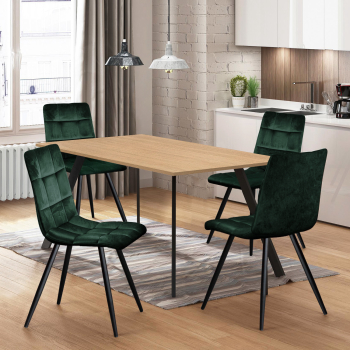Stół 120x80 BERGEN dąb + 4 krzesła BERGEN zielony aksamit